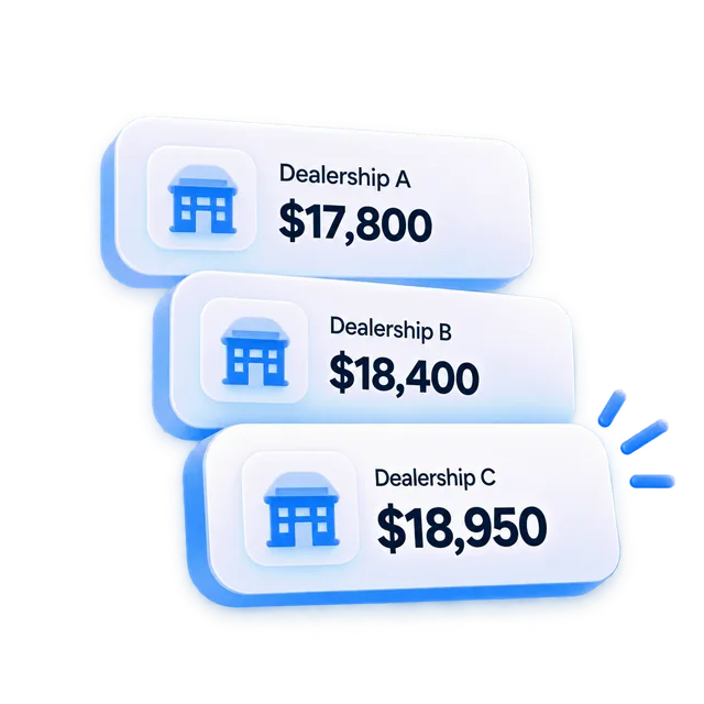 Three dealership bid cards stacked for comparison