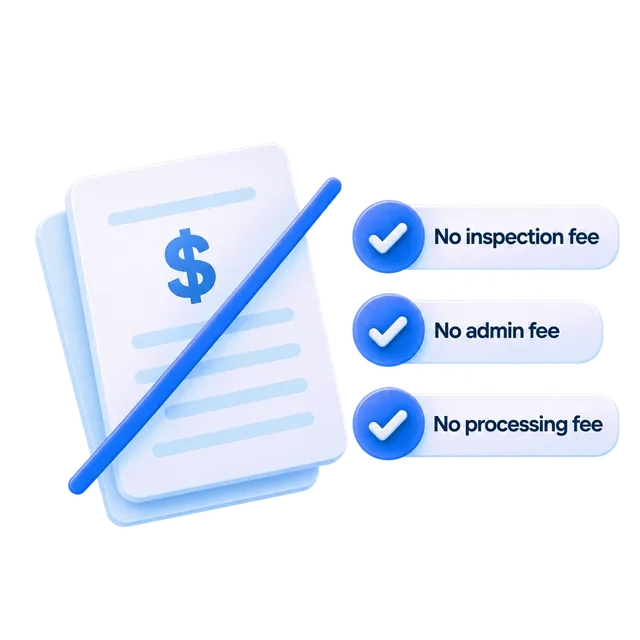 A document with a checklist: no inspection fee, no admin fee, no processing fee