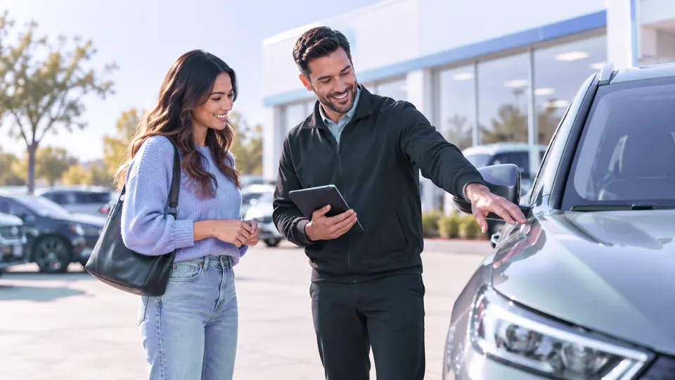 A CarPresto advisor and a seller look over an SUV on the lot