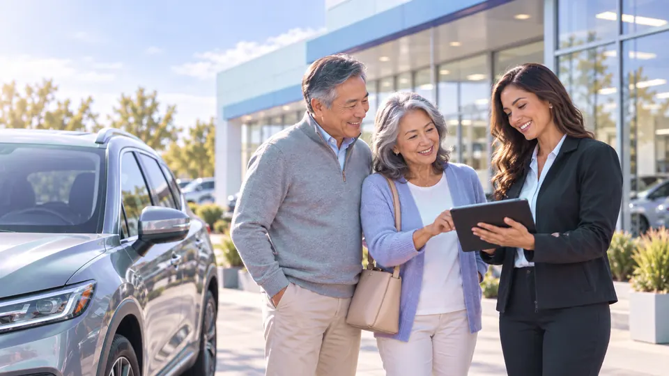 A couple and a CarPresto advisor look at a tablet in front of a dealership