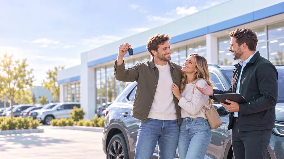 A couple celebrates with their keys while a CarPresto advisor looks on