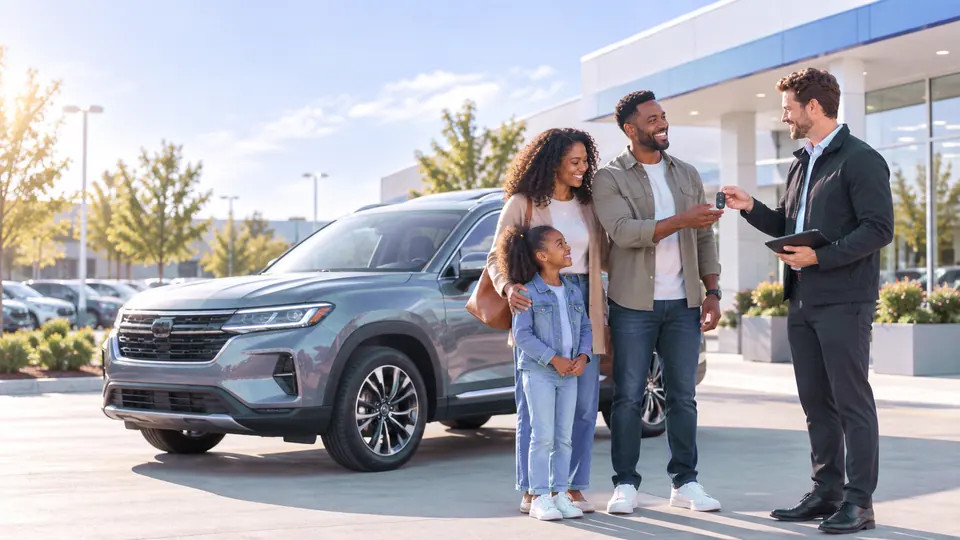 A family stands with a CarPresto advisor beside the SUV they are selling