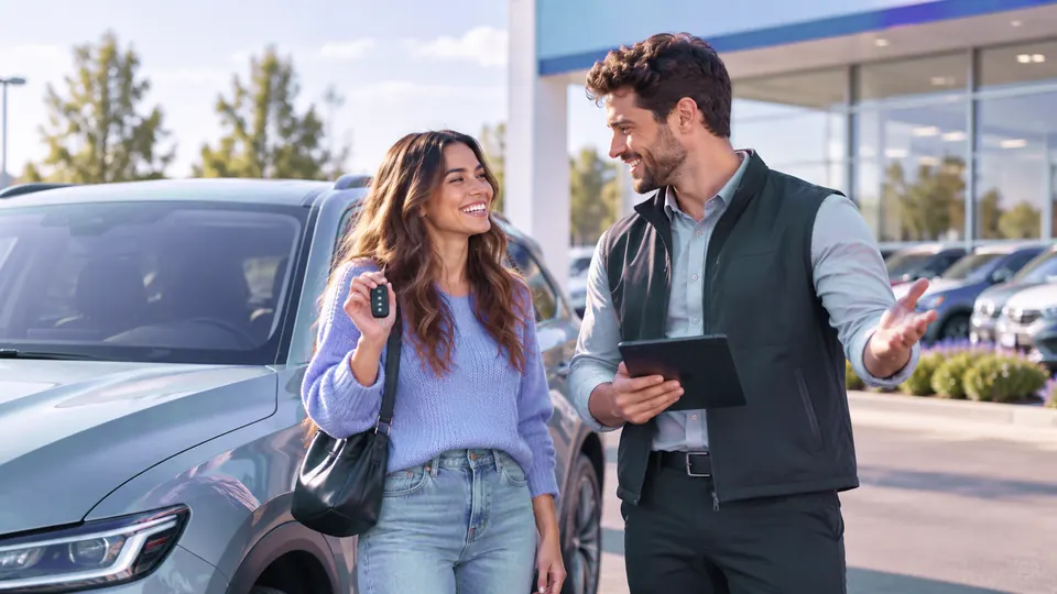 A seller and a CarPresto advisor review an estimate beside her car