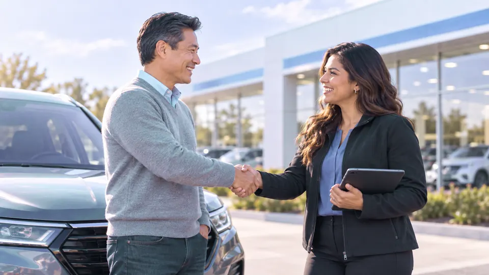 A seller and a CarPresto advisor shake hands on a dealership lot