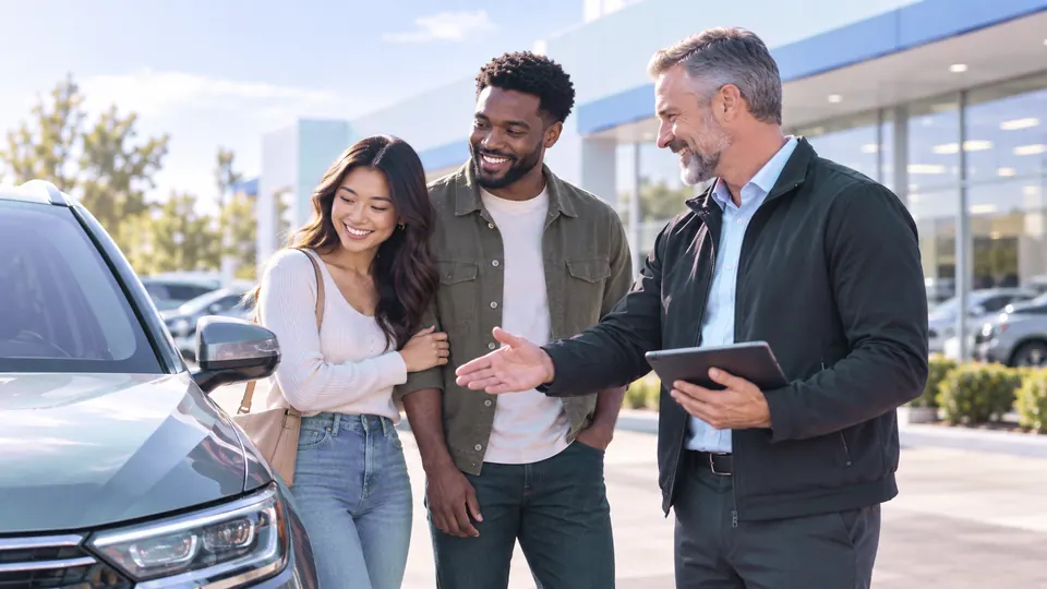 Three people review dealership bids on a tablet